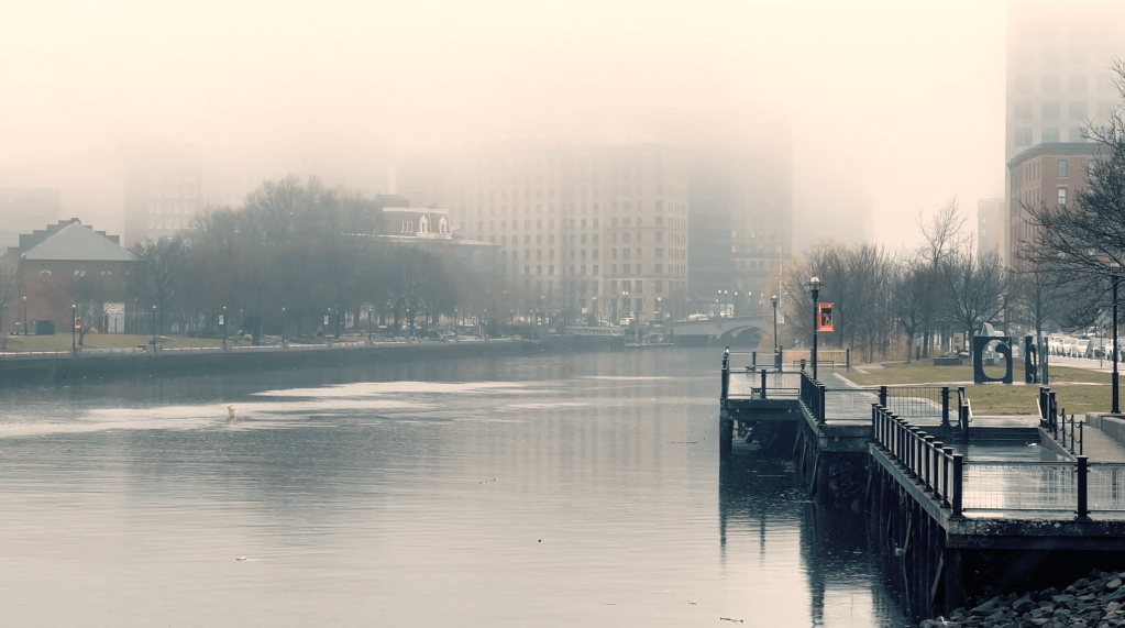 Fog descends over the skyscrapers of Providence, Rhode Island